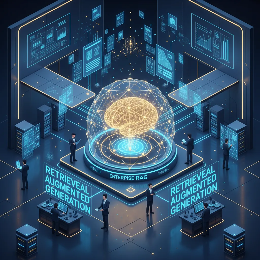 RAG en entreprise - Illustration 3D d'une architecture de Retrieval-Augmented Generation (RAG)