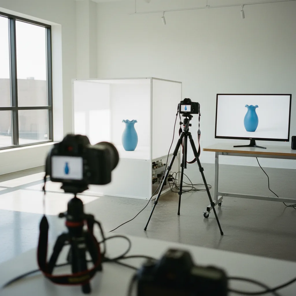 Automatisation photos produit IA - Studio photo e-commerce avec lightbox, appareil photo et écran de visualisation