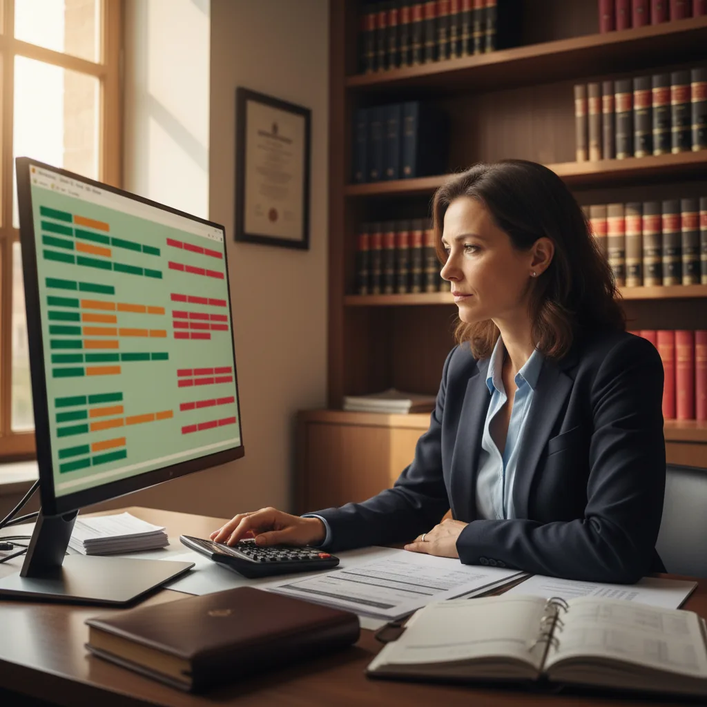 Bureau d'avocat avec un écran affichant un tableau de suivi des temps et des factures générées automatiquement par intelligence artificielle