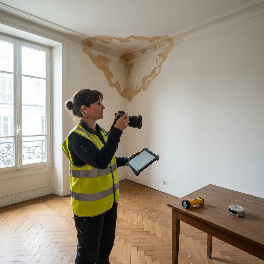 Technicienne expertise bâtiment photographiant un dégât des eaux au plafond lors d'une inspection sinistre