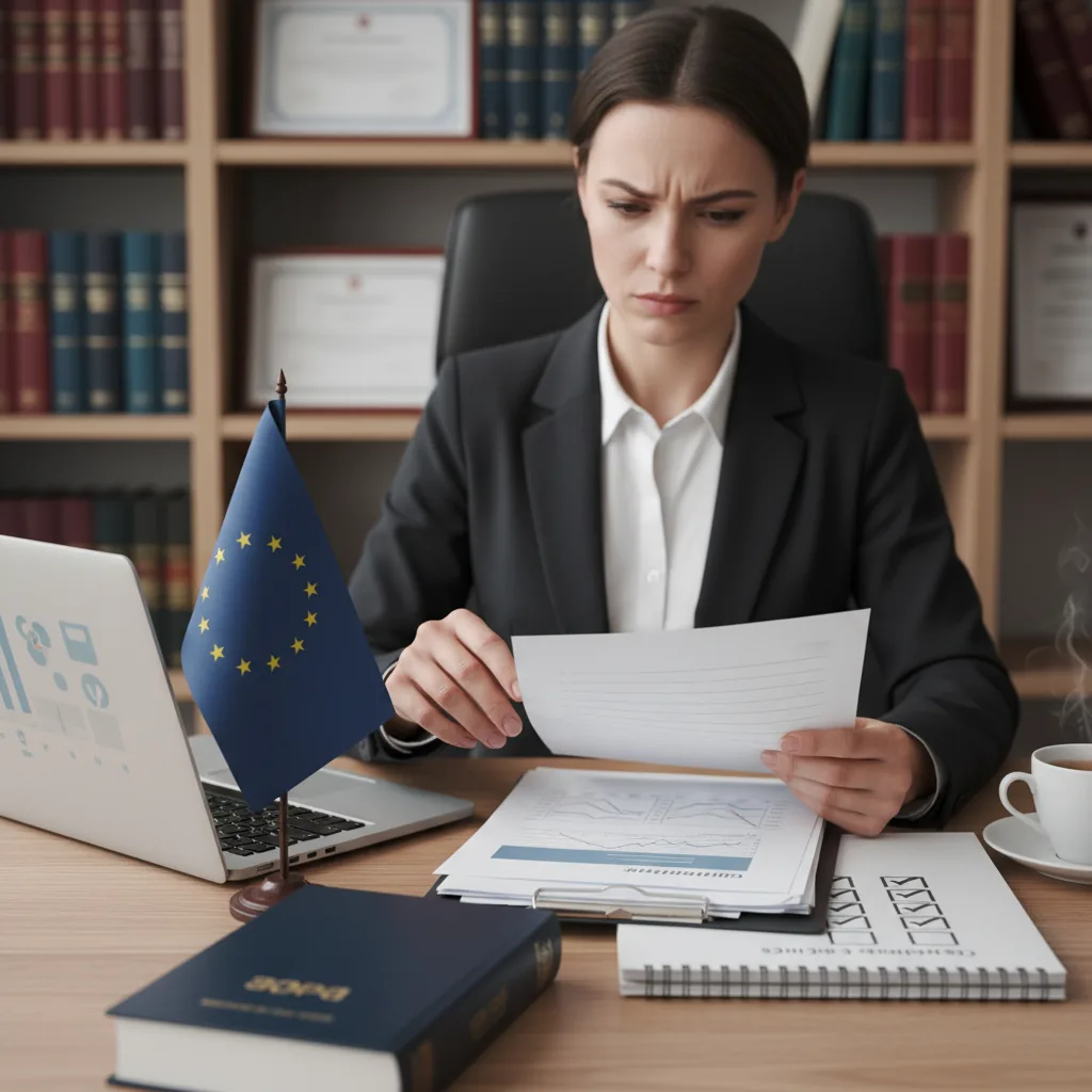 Bureau d'avocat avec un document de conformité et un écran affichant une interface IA juridique, symbolisant la mise en conformité RGPD et AI Act pour les cabinets