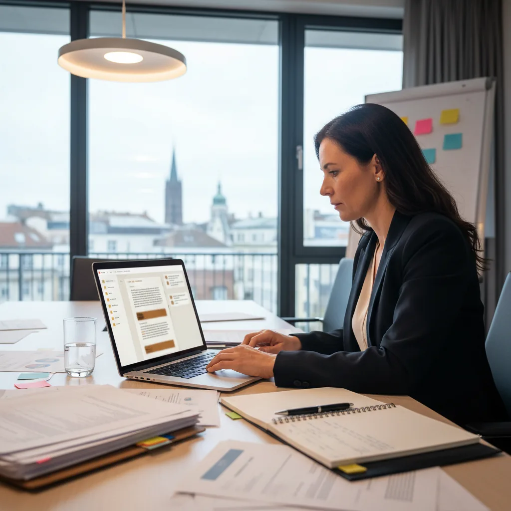 Professionnel utilisant Claude Projects pour analyser des documents et préparer des décisions