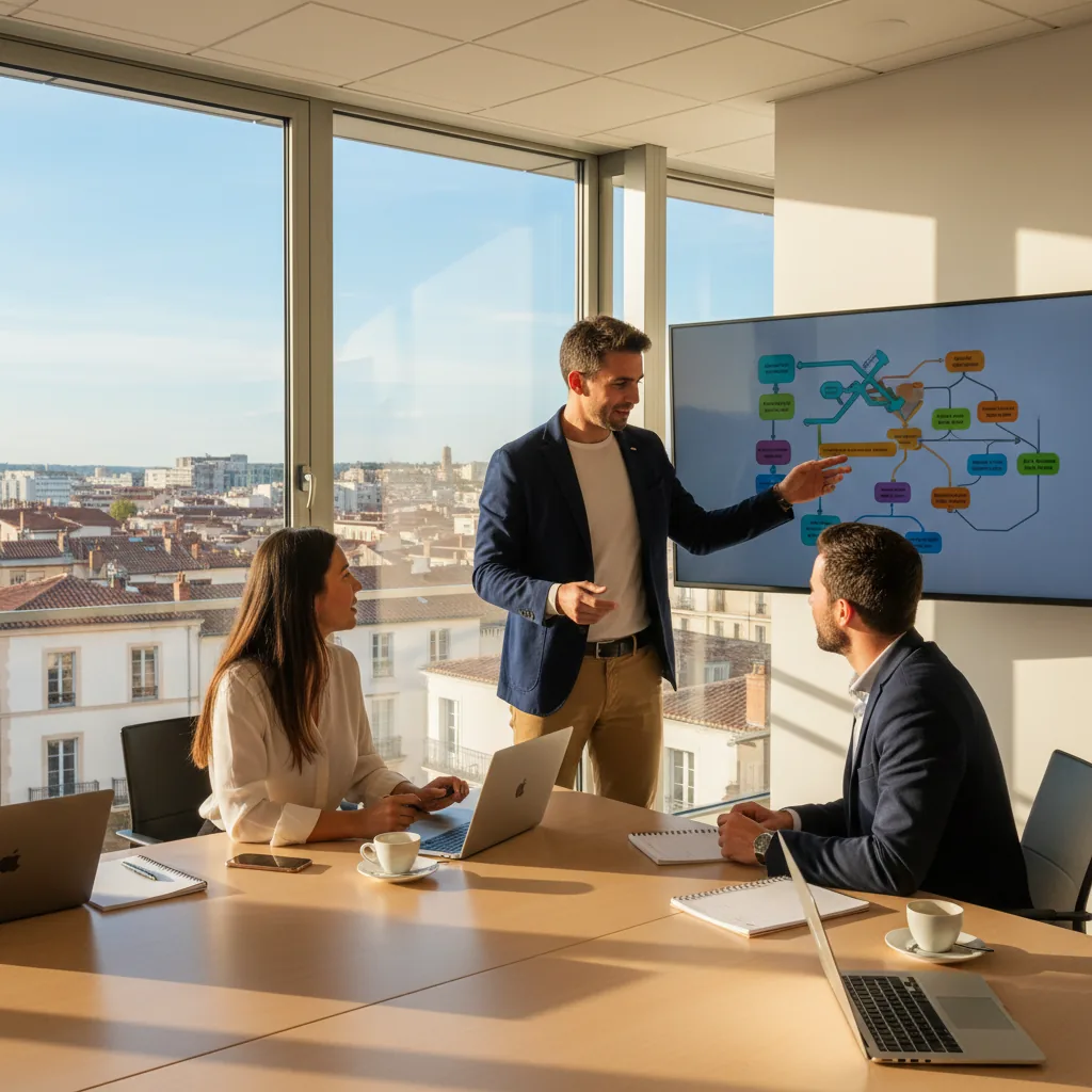 Réunion de travail entre une équipe d'entreprise et une agence IA à Toulouse