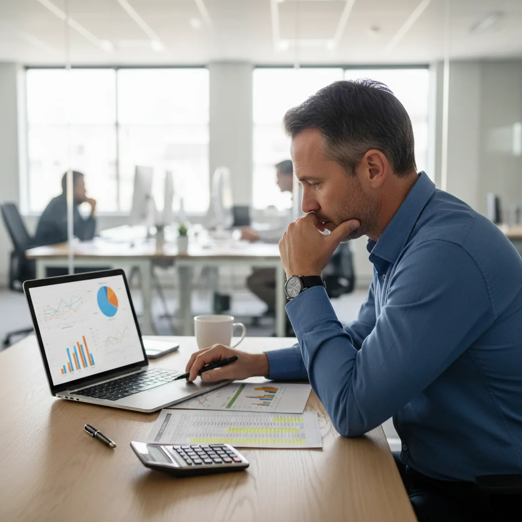 Budget et coût d'un projet IA en entreprise - dirigeant analysant une grille tarifaire dans un bureau moderne