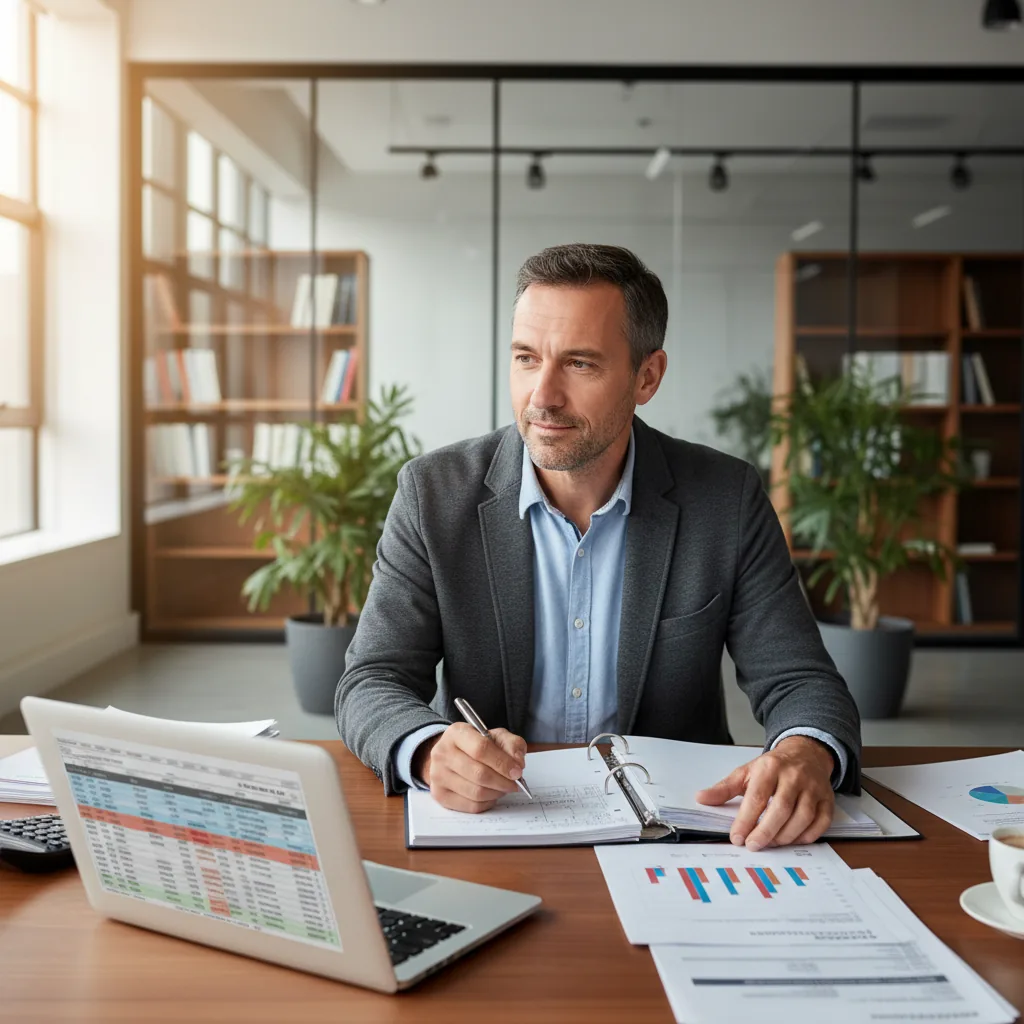 Coût projet RAG entreprise - dirigeant analysant un budget IA sur son bureau avec documents financiers