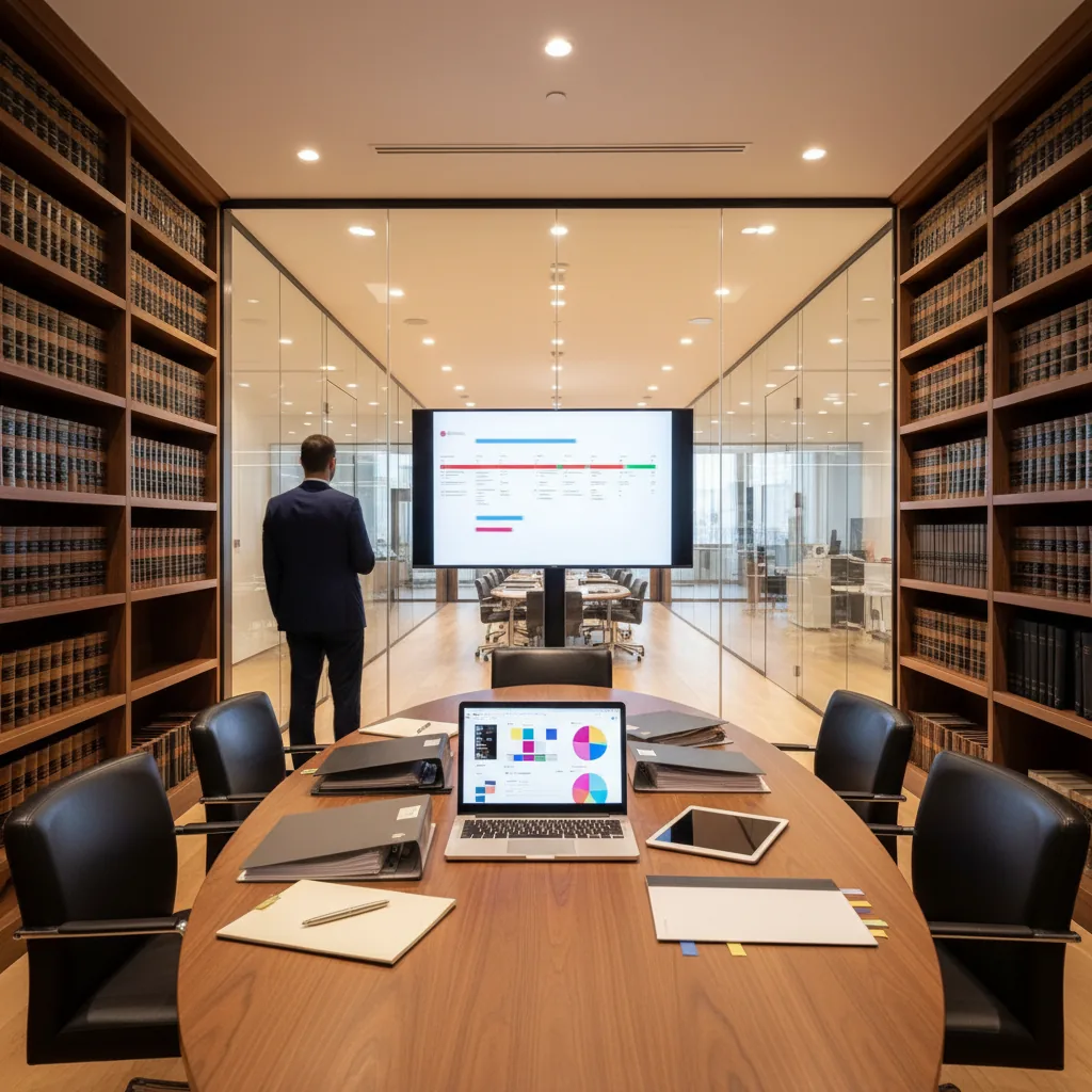 Salle de réunion d'un cabinet d'avocats moderne avec des écrans affichant des interfaces IA, symbolisant le déploiement de l'intelligence artificielle dans la pratique juridique