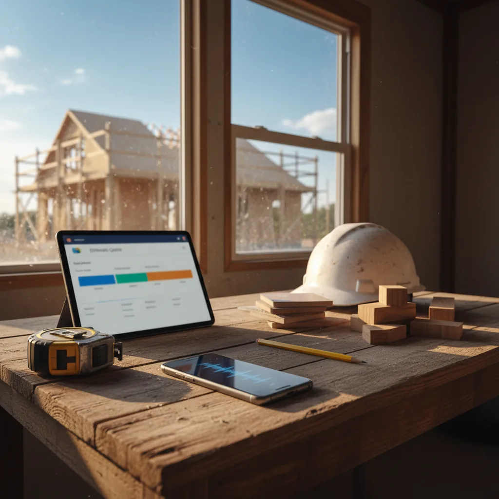 Bureau de chantier avec tablette affichant un devis assisté par IA, entouré d'outils de construction