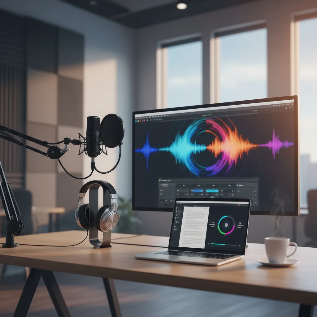 Interface ElevenLabs de synthèse vocale IA sur un écran d'ordinateur dans un bureau professionnel