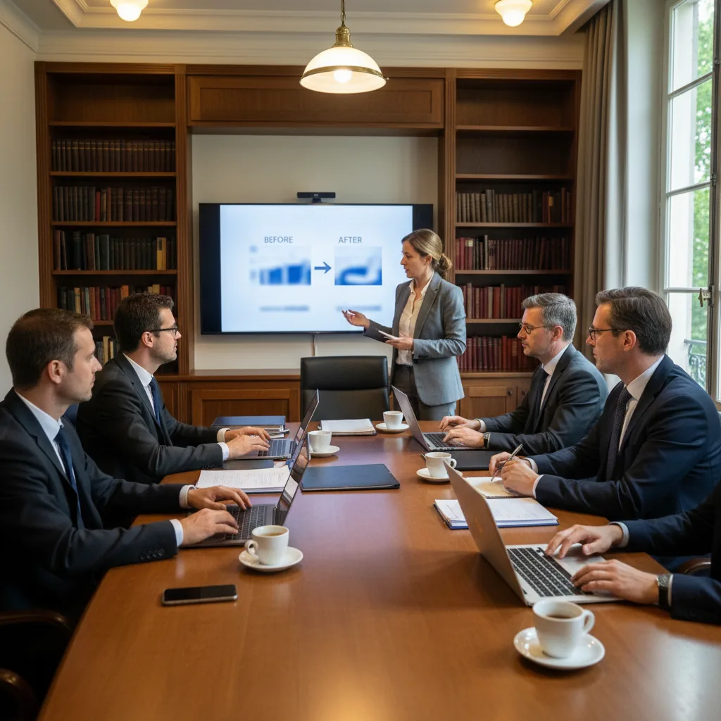 Bureau d'un petit cabinet d'avocats avec un écran affichant une interface de recherche juridique assistée par intelligence artificielle