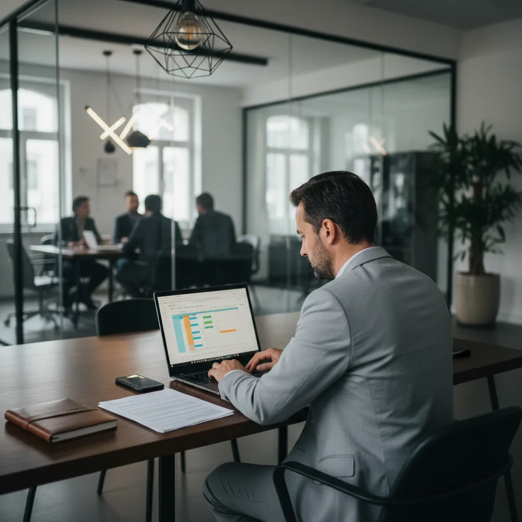 Avocat consultant un tableau de bord de facturation assisté par IA sur son ordinateur portable dans un bureau juridique moderne