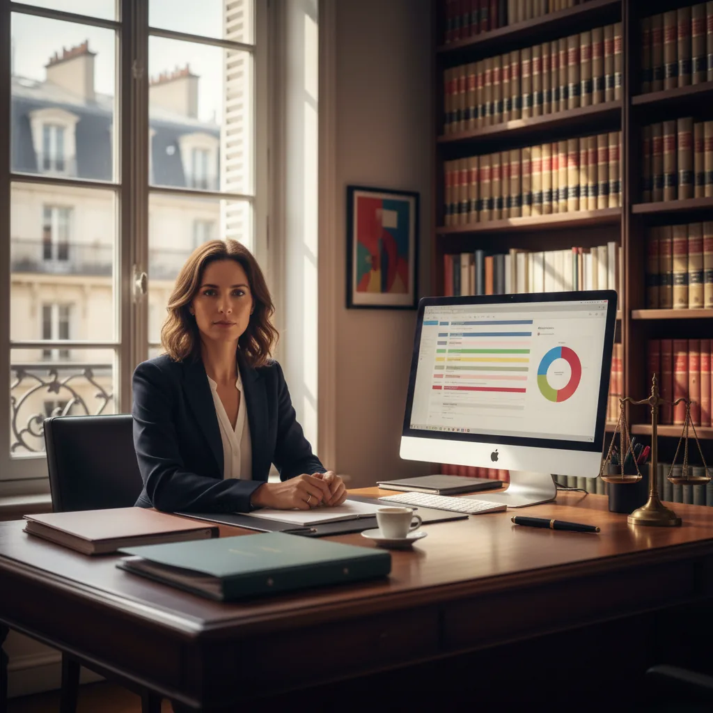 Bureau d'avocat moderne avec écran affichant une interface de facturation électronique, dossiers juridiques et balance de la justice en arrière-plan