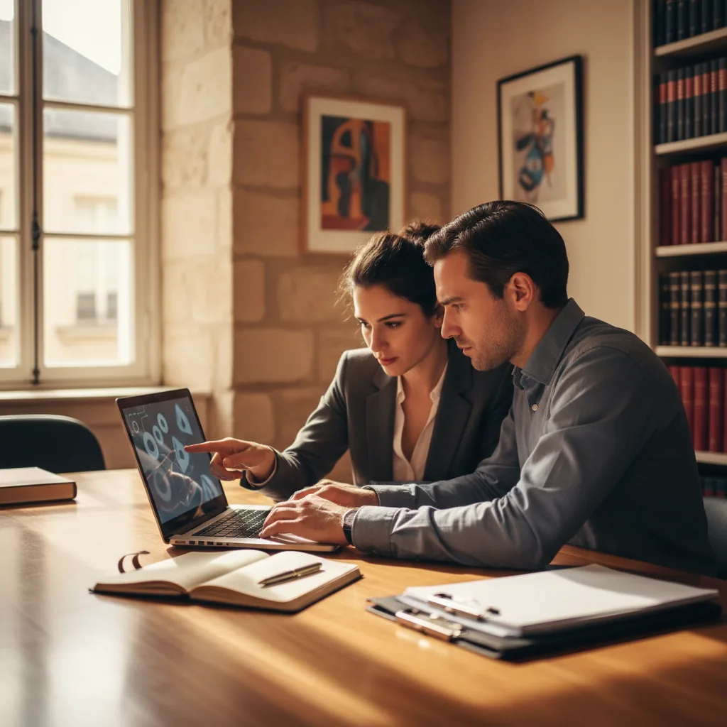 Petit groupe d'avocats en atelier pratique IA autour d'un écran, travaillant sur un cas juridique concret
