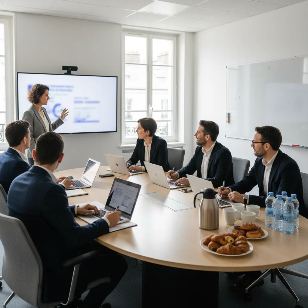 Équipe d'avocats en formation autour d'une table dans un cabinet moderne, écran affichant une interface IA juridique