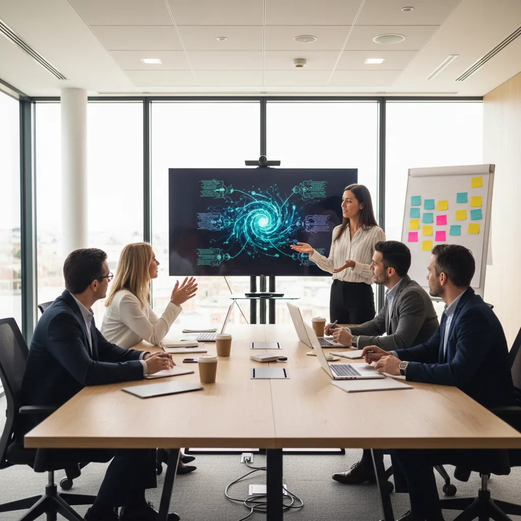 Session de formation IA en entreprise avec des collaborateurs autour d'un écran dans une salle de réunion moderne
