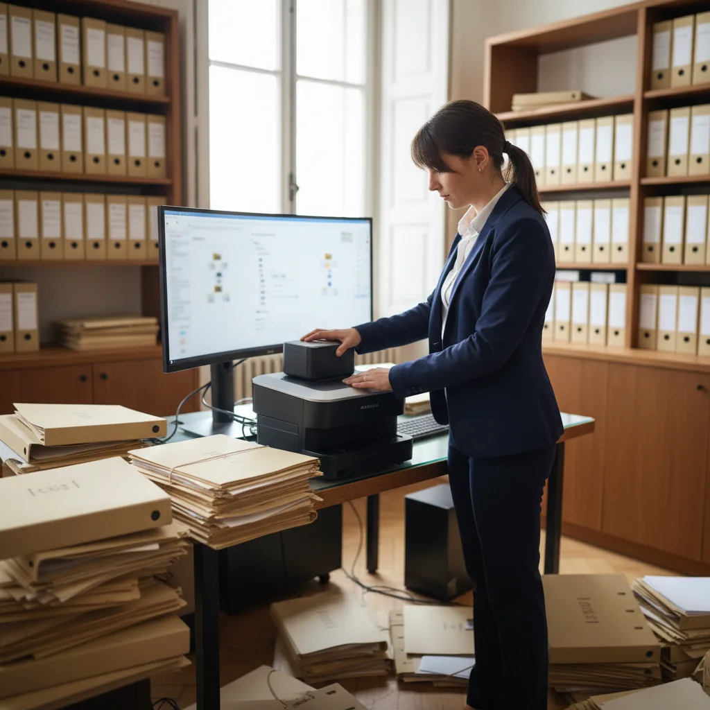Bureau d'avocat avec écran affichant une interface de gestion documentaire intelligente, dossiers juridiques organisés automatiquement par l'IA