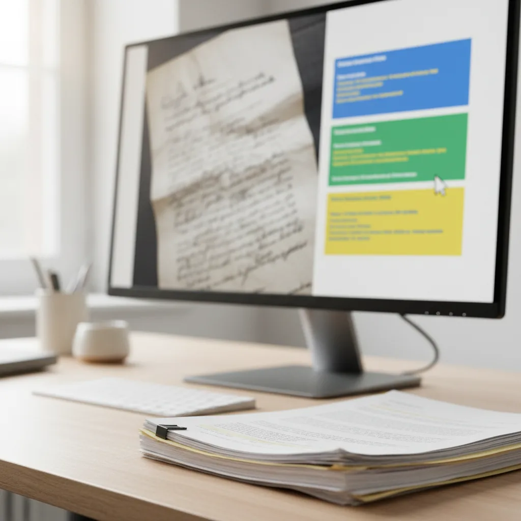 Processus d'OCR intelligent sur un document juridique scanné, montrant l'extraction automatique des métadonnées et la classification par l'IA