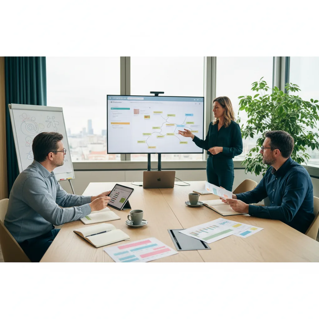 Équipe PME utilisant NotebookLM pour analyser des documents et préparer des décisions en réunion