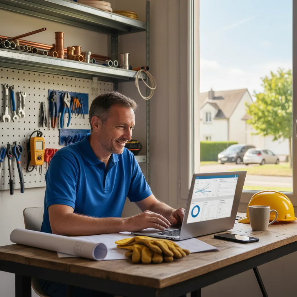 Artisan du bâtiment utilisant l'intelligence artificielle sur son ordinateur pour gérer ses devis et documents administratifs