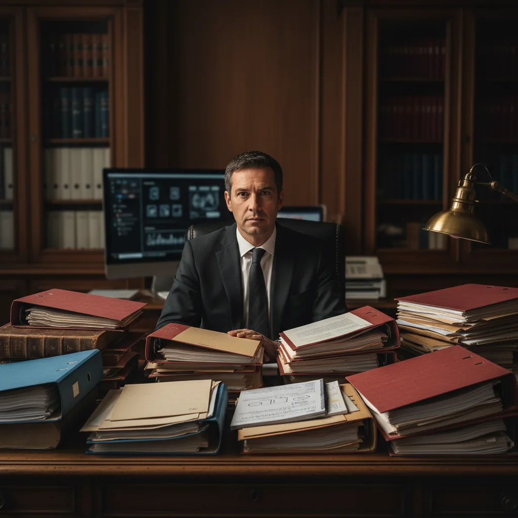 Bureau d'avocat pénaliste avec un écran affichant une interface de recherche jurisprudentielle assistée par intelligence artificielle, dossiers de procédure pénale sur le bureau