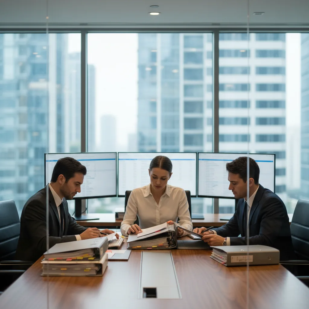Bureau d'avocat d'affaires moderne avec écrans affichant des analyses de contrats assistées par intelligence artificielle, documents juridiques et data room numérique