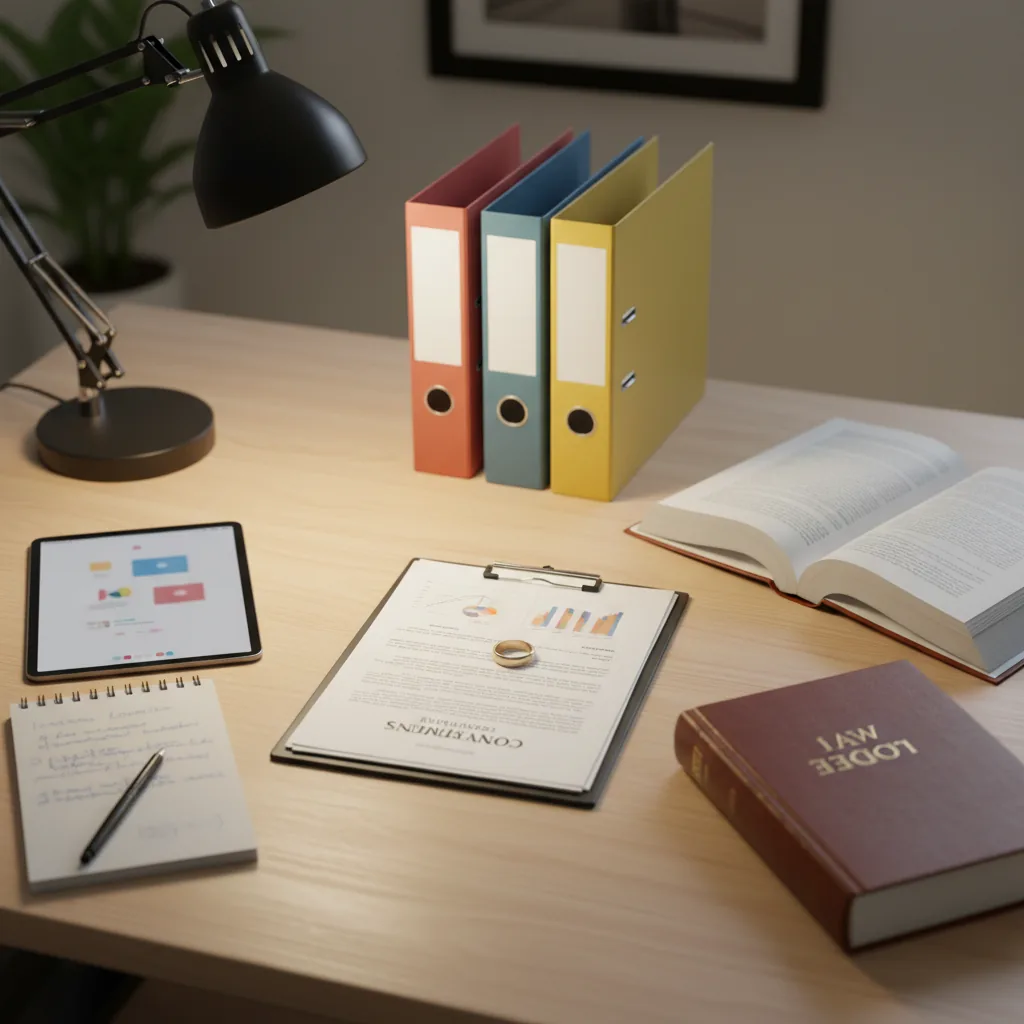 Avocate en droit de la famille travaillant sur des documents de convention de divorce avec assistance IA sur son ordinateur