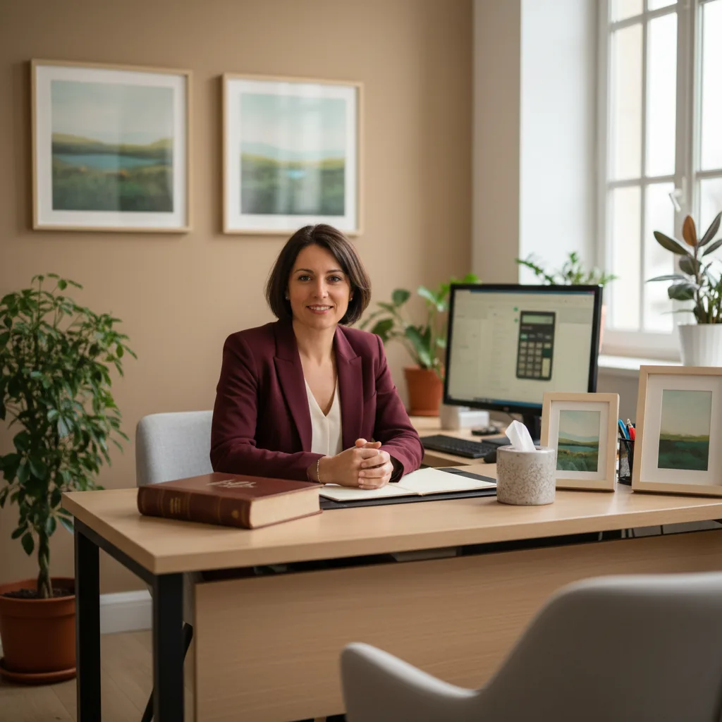 Bureau d'avocat spécialisé en droit de la famille avec un écran affichant des calculs de pension alimentaire assistés par intelligence artificielle