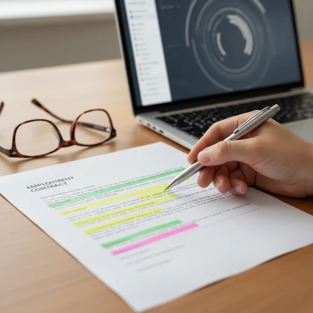 Interface d'analyse IA montrant un contrat de travail avec des alertes de conformité et des clauses surlignées