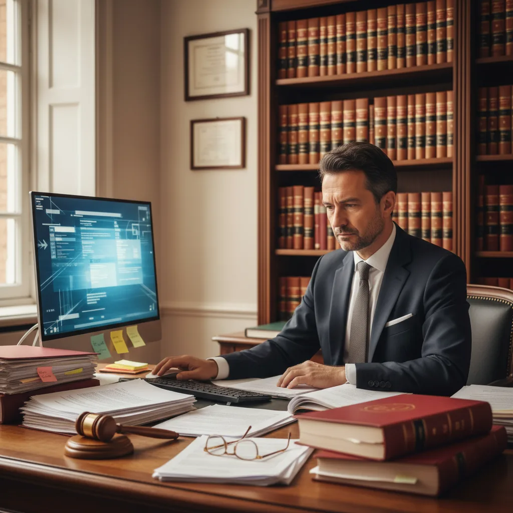 Bureau d'avocat spécialisé en droit social avec écran affichant une interface IA d'analyse de contrats de travail et de conventions collectives