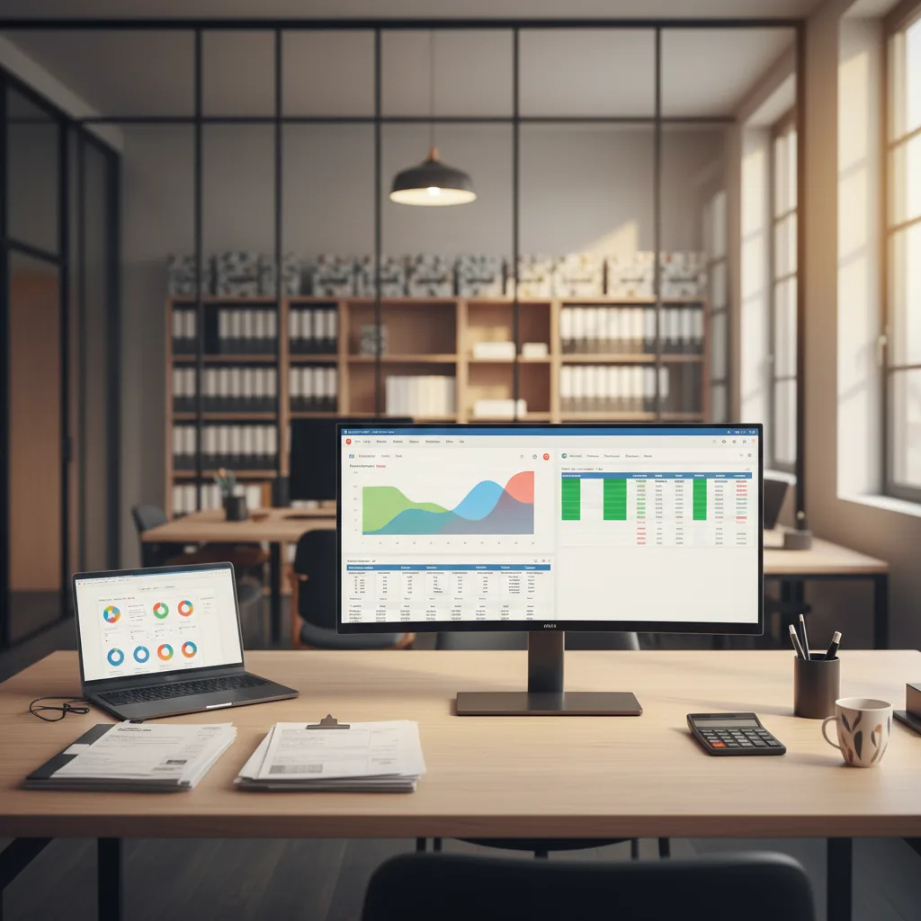 Bureau d'expert-comptable avec écran affichant des tableaux financiers et outils IA pour l'automatisation comptable