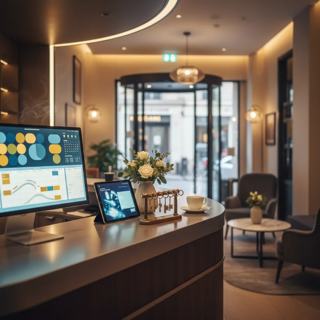 Réception d'un hôtel moderne avec un écran affichant un tableau de bord de gestion intelligente
