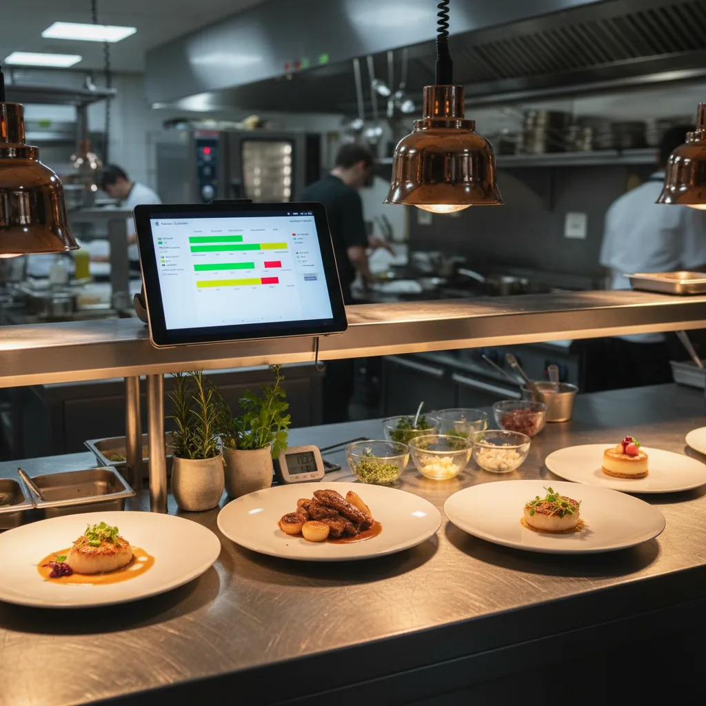 Cuisine professionnelle de restaurant avec un écran de gestion des stocks et prévision de la demande