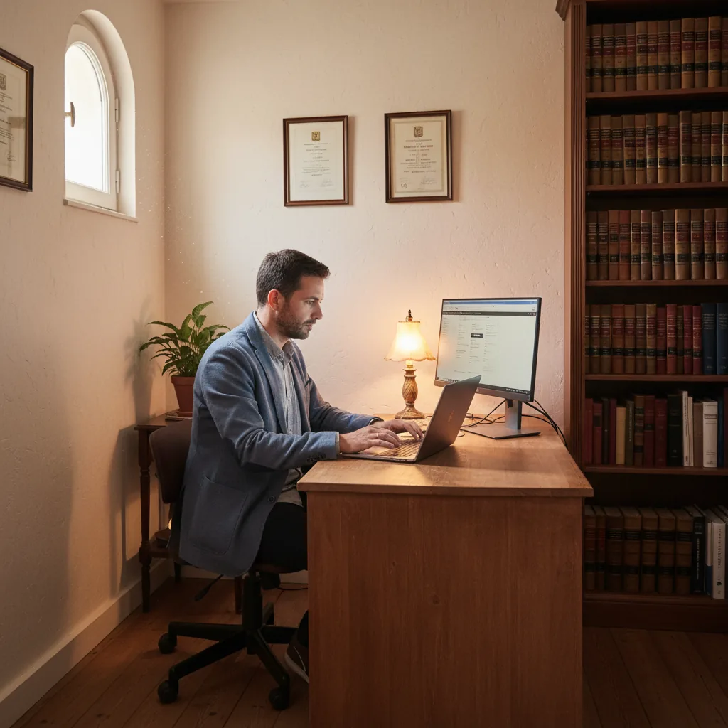 Bureau d'avocat indépendant avec un ordinateur portable affichant une interface IA, dossiers juridiques et code du travail, ambiance cabinet modeste mais professionnel