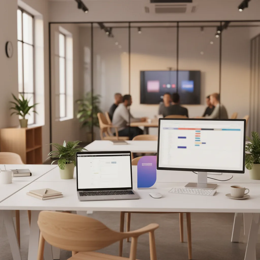 Interface Microsoft Copilot intégrée dans Teams et Outlook sur un ecran d'ordinateur dans un environnement de bureau professionnel
