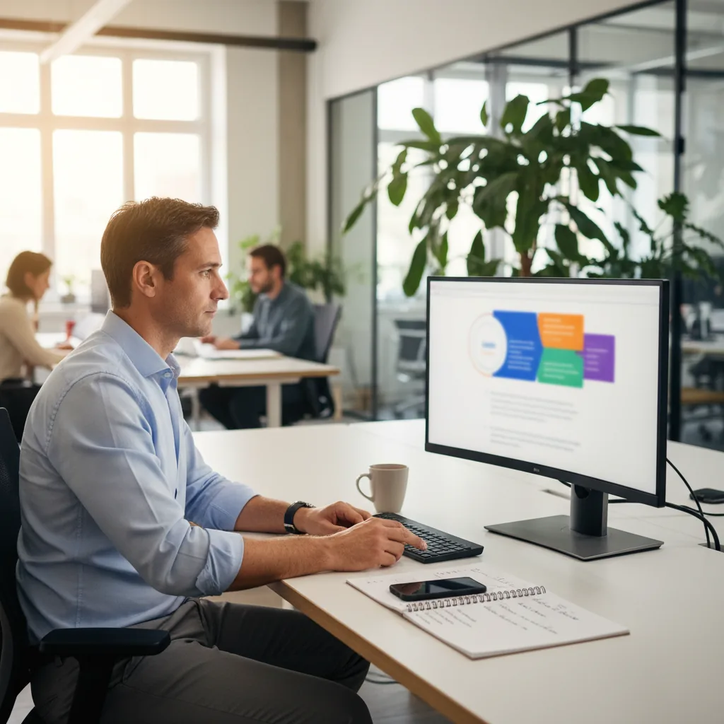 Commercial B2B travaillant sur une proposition commerciale générée par IA dans un bureau moderne