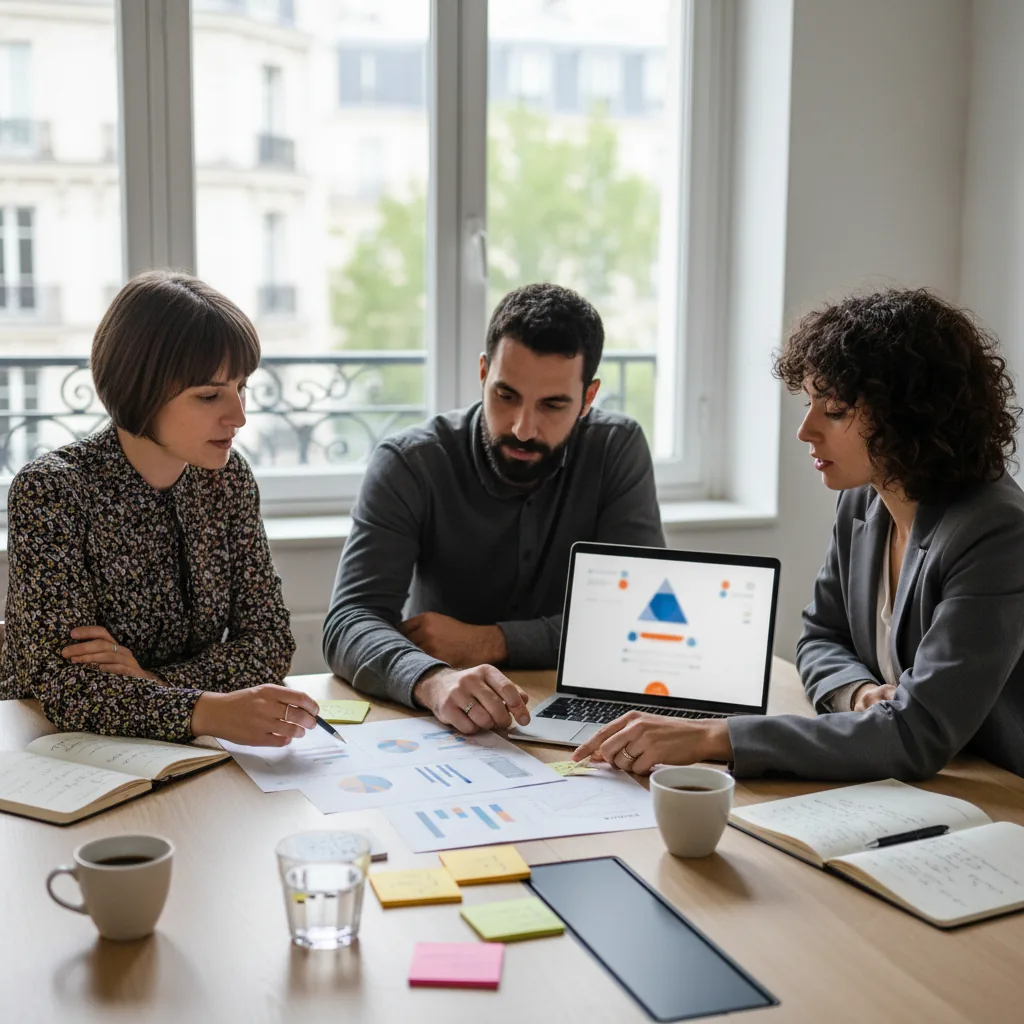 Équipe commerciale qui révise une proposition générée par IA dans une salle de réunion moderne