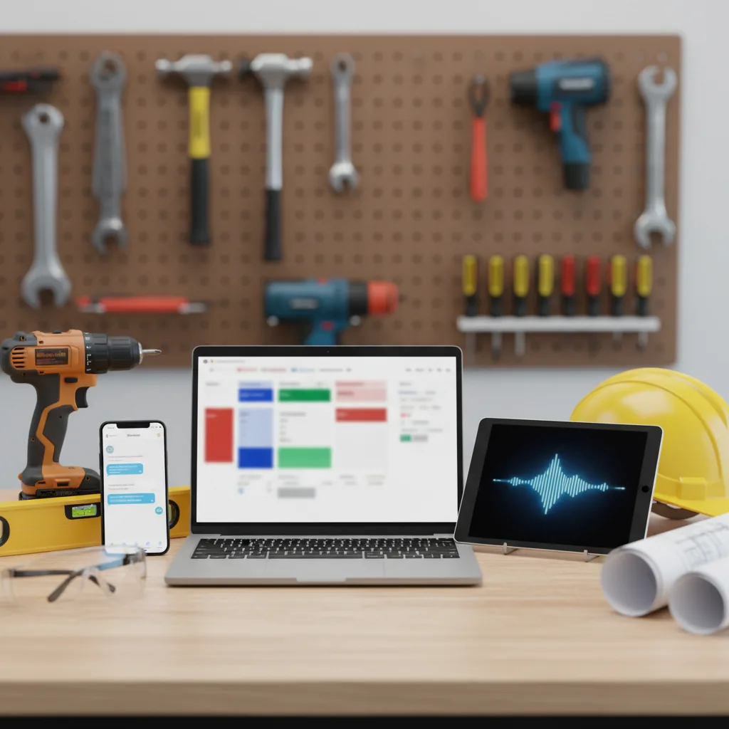 Bureau d'atelier avec plusieurs appareils affichant des interfaces d'outils IA, entourés d'outils de construction