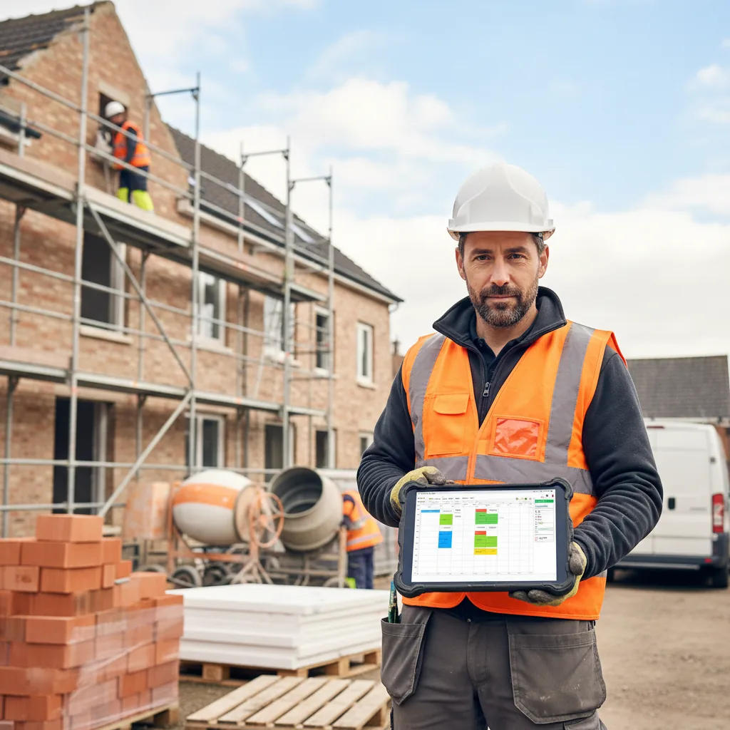 Artisan du BTP consultant un planning chantier optimisé par intelligence artificielle sur tablette