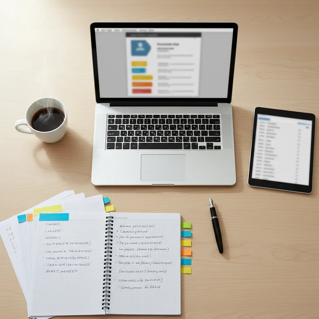 Bureau d'un recruteur ESN avec des CVs et profils consultants organisés, laptop affichant un outil de gestion de dossiers de compétences