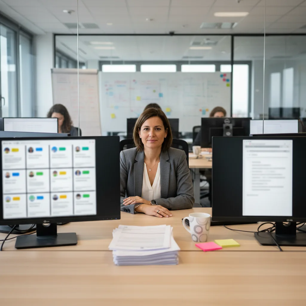 Delivery manager d'une ESN qui gère des profils consultants sur un écran avec un outil IA de dossiers de compétences