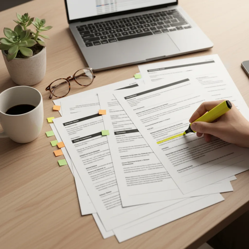Bureau de recruteur avec des CV annotés et des sticky notes colorées, illustrant le travail quotidien des RH