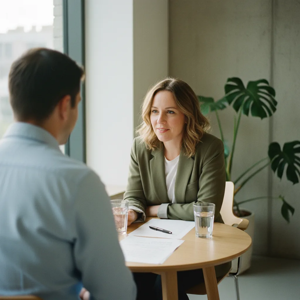 Scène d'entretien de recrutement dans un bureau moderne avec lumière naturelle