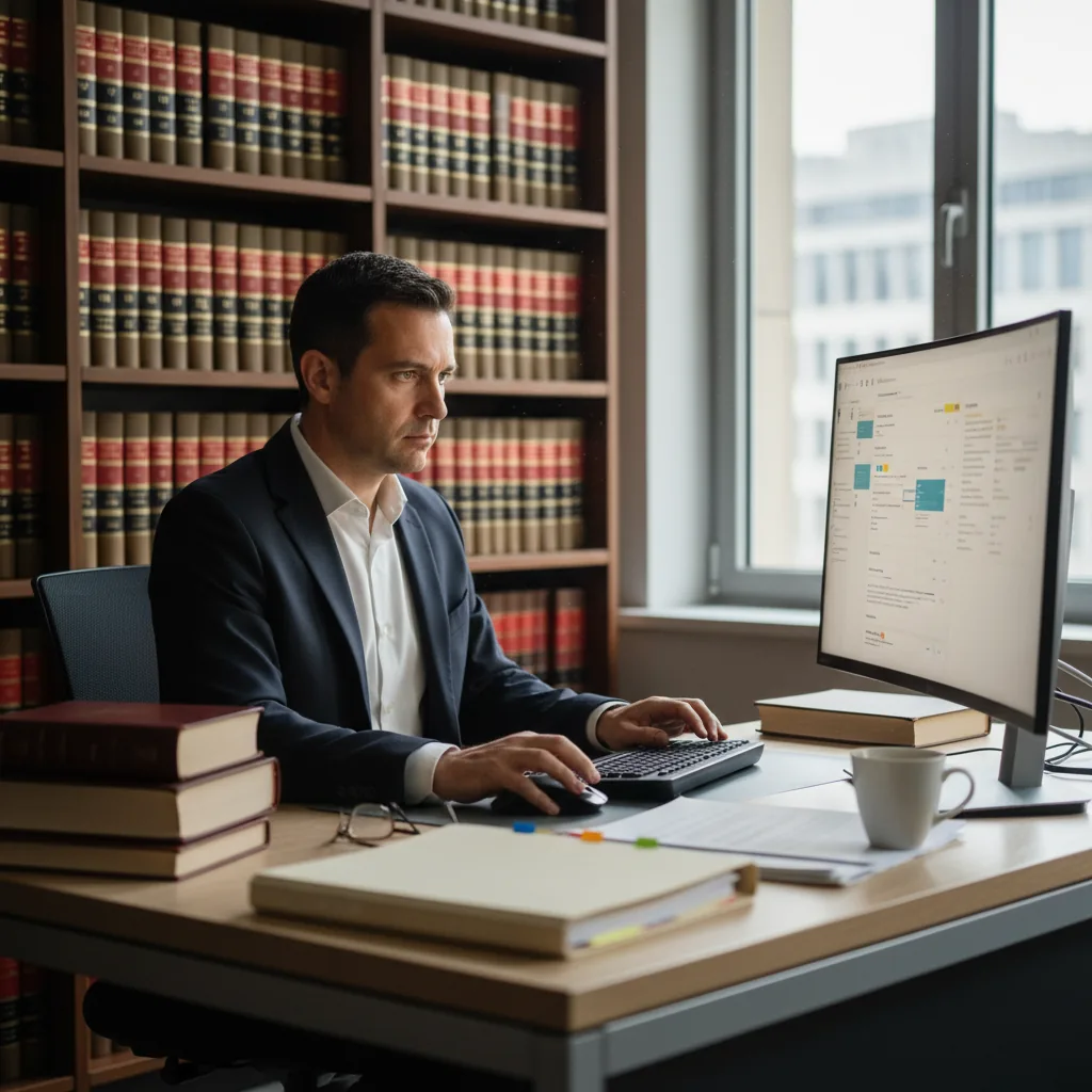 Avocat utilisant un assistant IA connecté à une base documentaire juridique interne dans un cabinet moderne