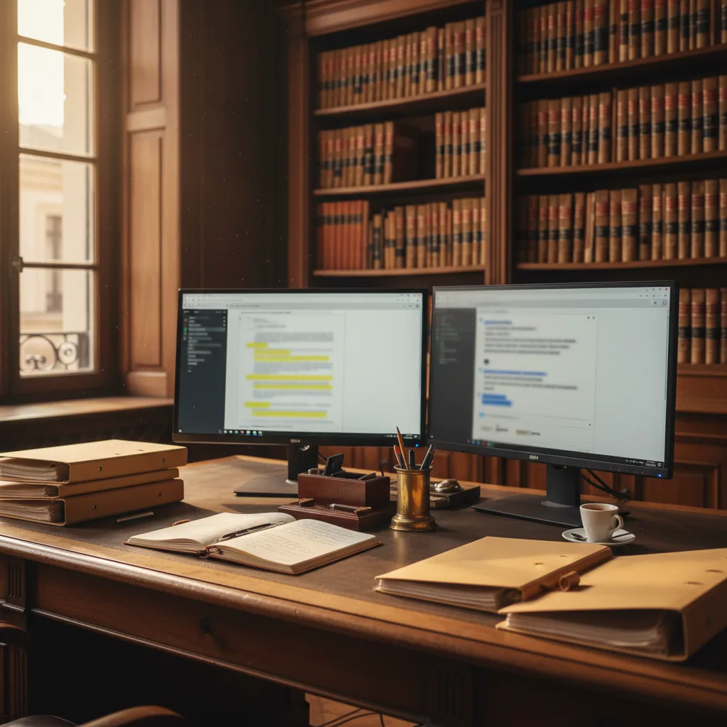Interface de recherche documentaire IA dans un cabinet d'avocats avec des résultats sourcés et des documents juridiques