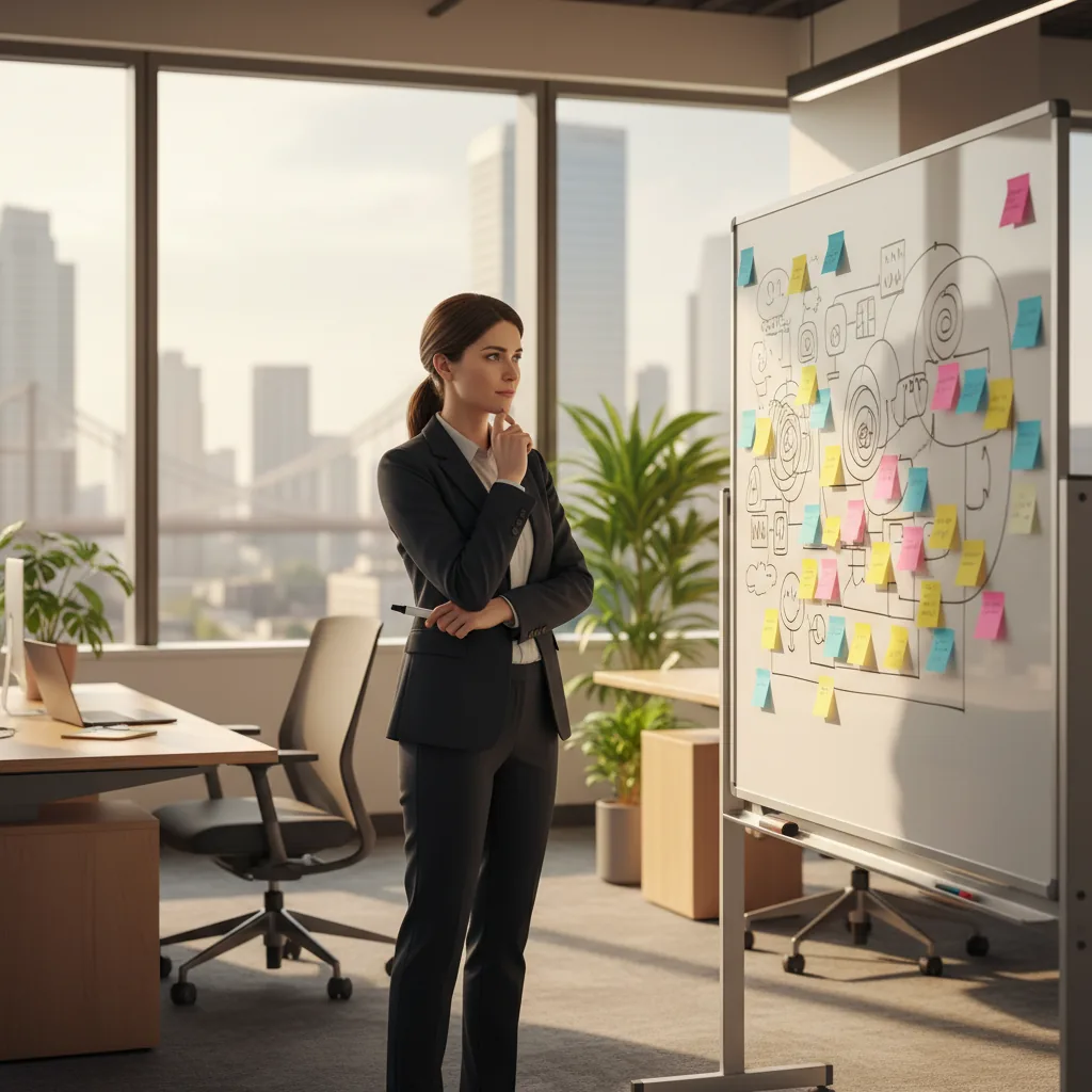 Analyse stratégique IA en entreprise - Professionnelle devant un tableau de planification avec données et insights