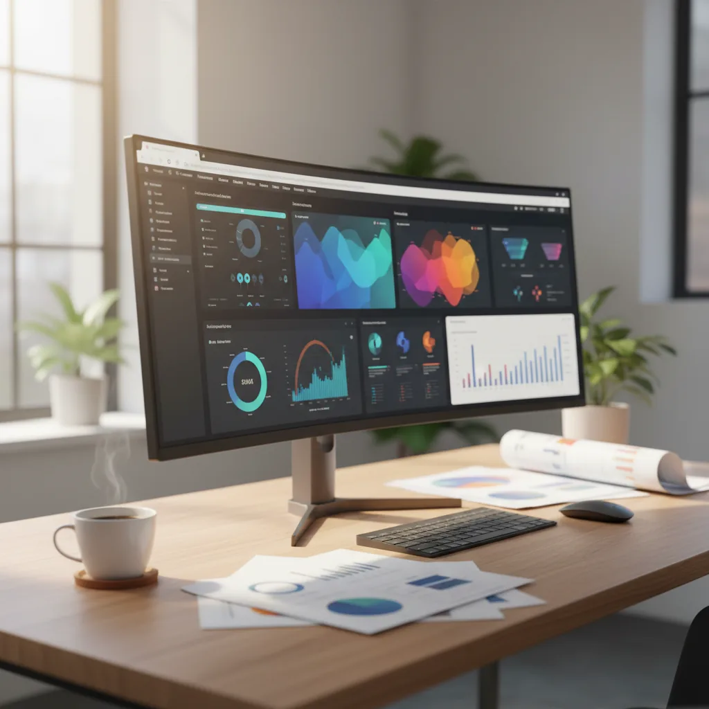 Recherche approfondie IA Deep Research - Workspace avec écran affichant des dashboards de données et documents de recherche