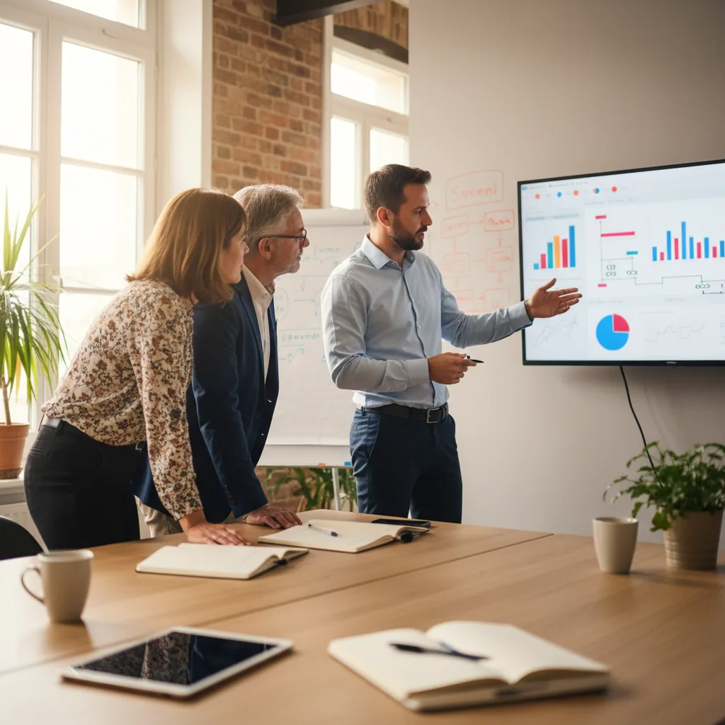 Data scientist travaillant en équipe avec des collaborateurs métier dans un bureau de PME