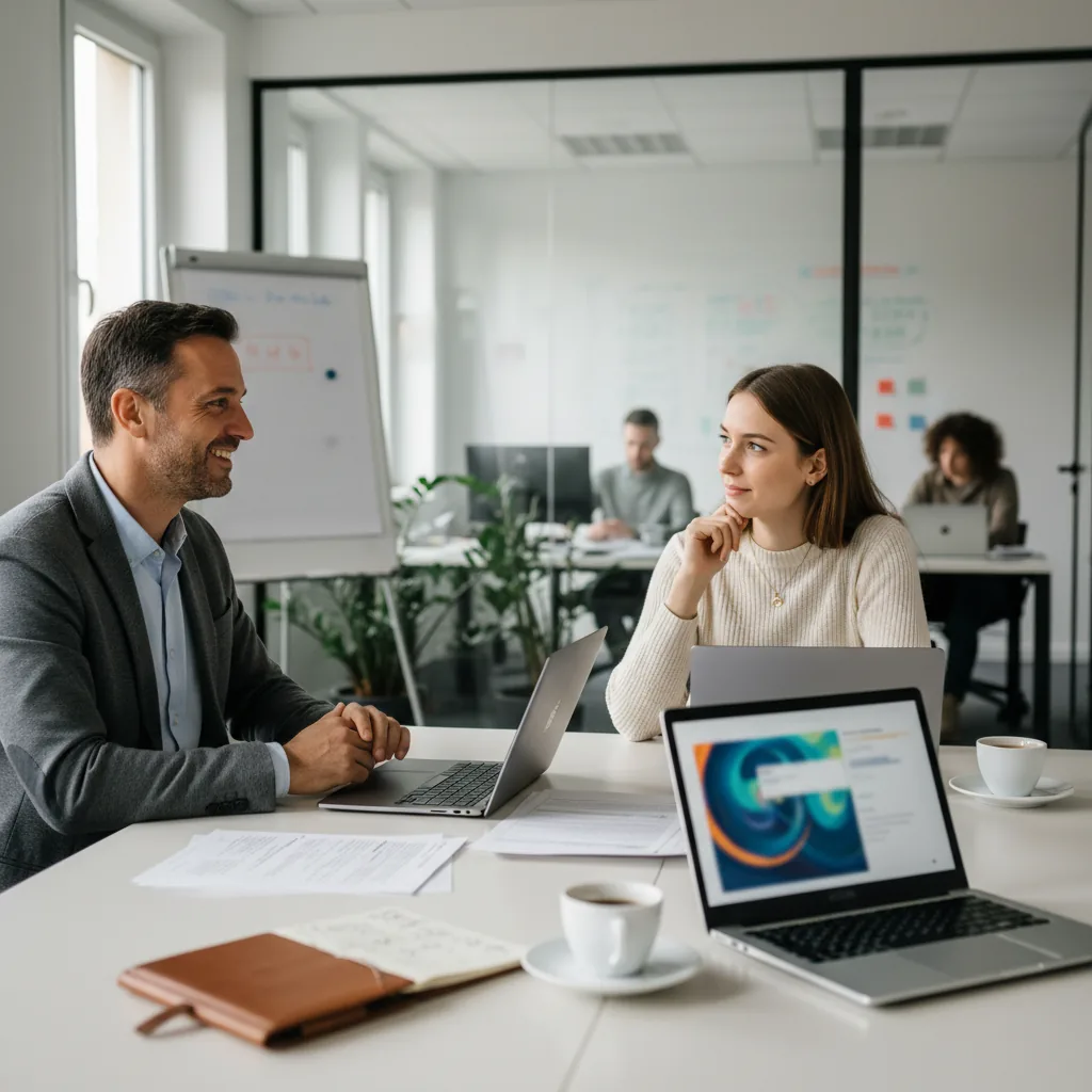 Dirigeant de PME en entretien de recrutement avec un candidat data scientist dans un bureau moderne