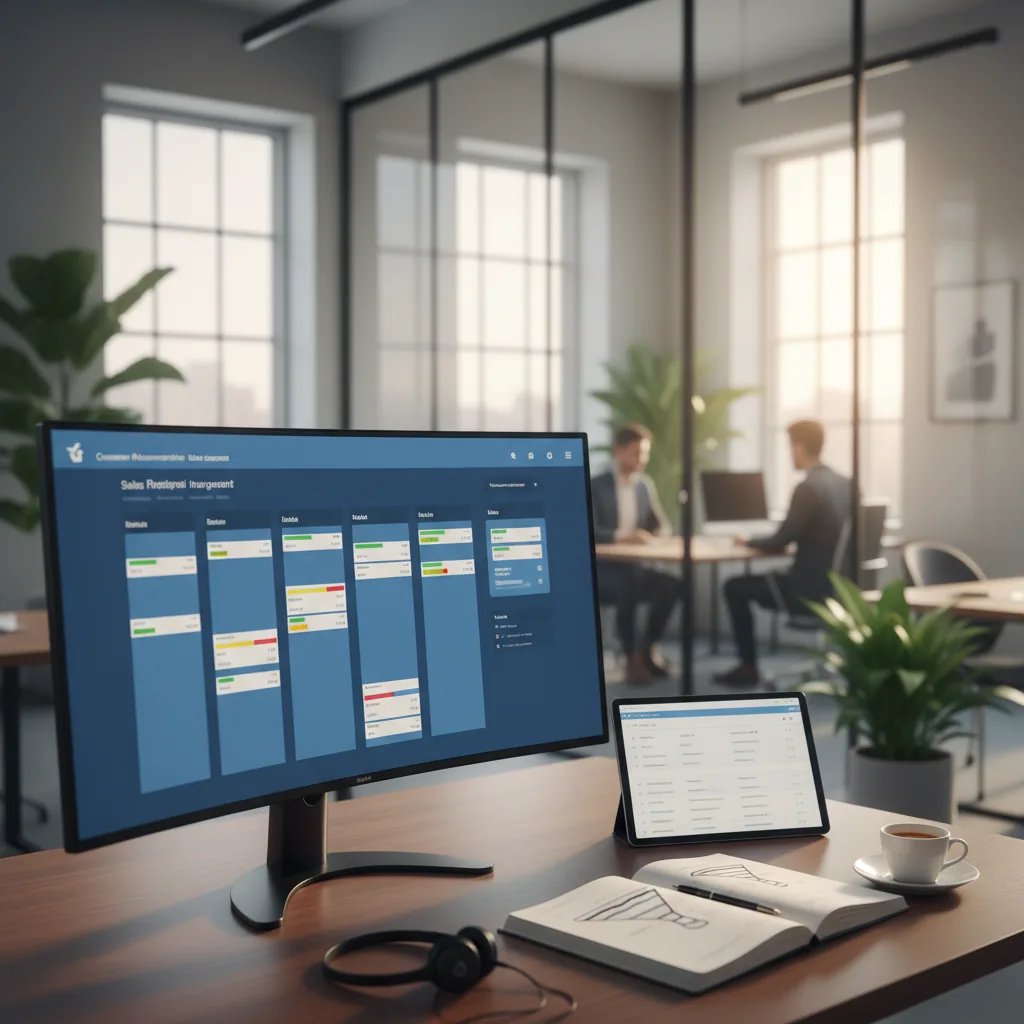 Interface CRM Salesforce avec tableaux de bord Einstein AI affichant le scoring predictif des leads et opportunites commerciales