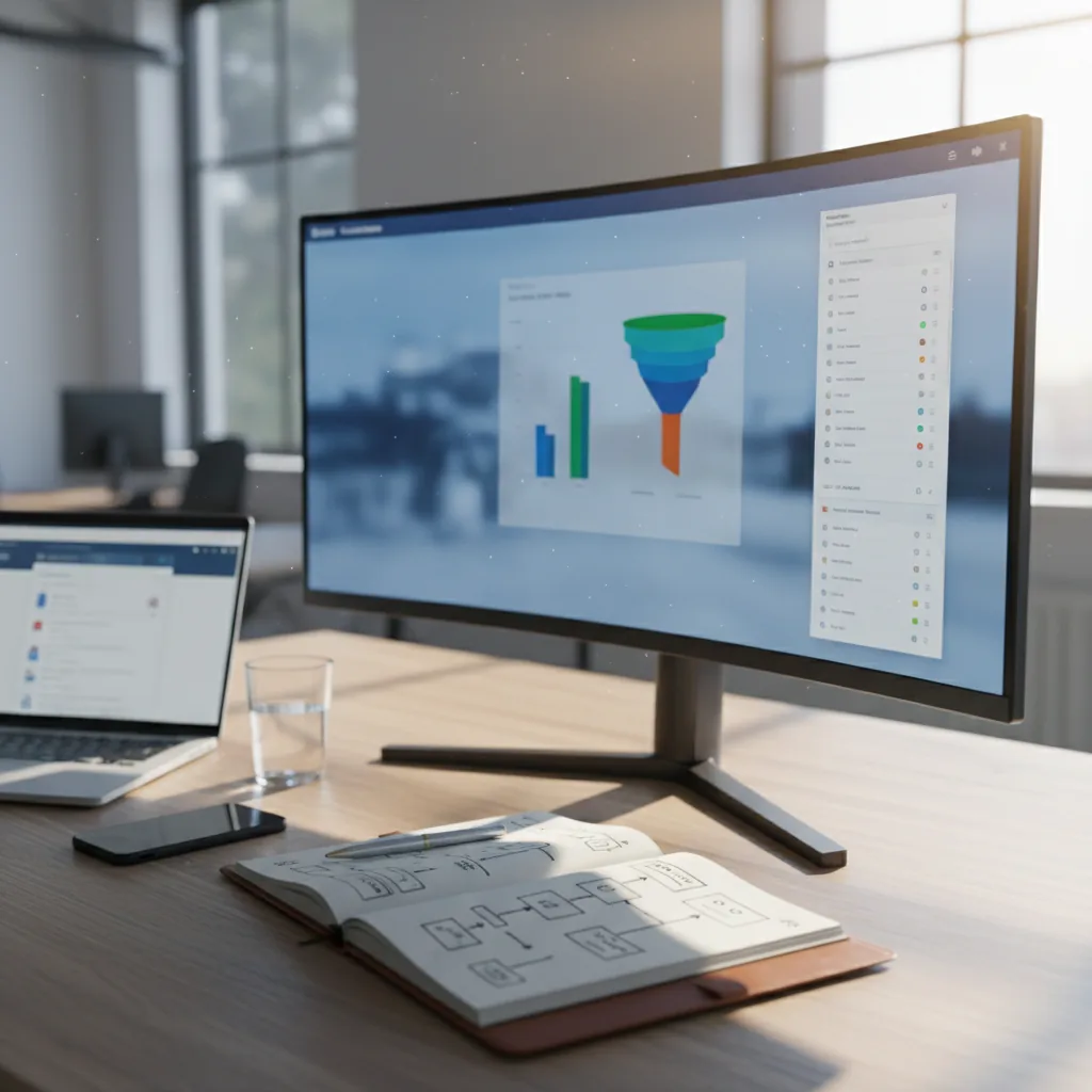 Commercial analysant un pipeline de ventes avec le scoring predictif Einstein sur un ecran de bureau dans un environnement professionnel