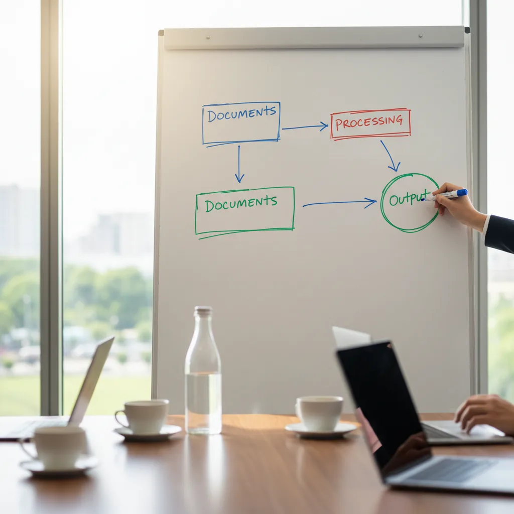 Schéma d'architecture d'une solution IA sur mesure pour cabinet d'avocats, montrant les flux entre le RAG, les workflows et le chatbot client